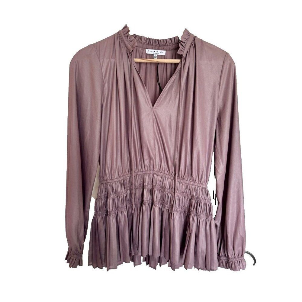 Current Air Smocked Waist Long Sleeve Blouse Smokey Amethyst Tie Neck Med